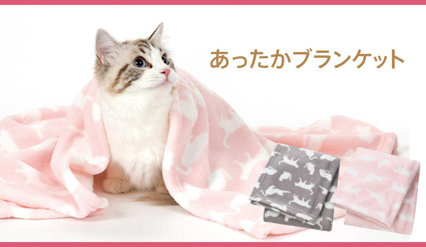 柔らかい色合いのキャット柄ブランケット。／1,980円