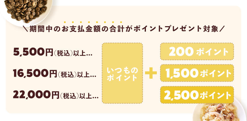 期間中のご購入金額の合計に応じて、最大2,500円分のポイントプレゼントいたします。