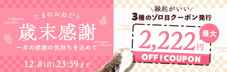 【12/8(日)23:59まで】歳末感謝《3種類》のゾロ目クーポン