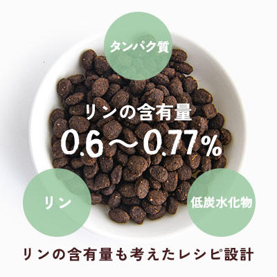 高タンパクでグレインフリーでありながら、リンの含有量は【0.6～0.77％】。